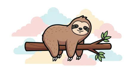 Cute cartoon sloth hanging on branch with colorful cloud backgroundの素材