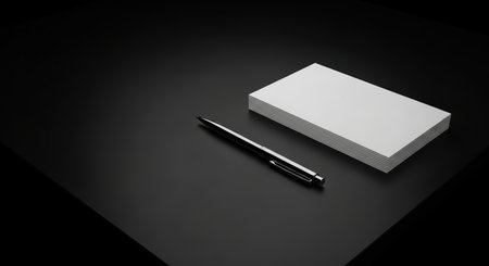 Sleek pen and blank paper stack on minimalist black surfaceの素材