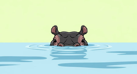 Cartoon hippopotamus peeking out of water with green backgroundの素材