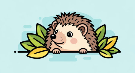 Cute cartoon hedgehog peeking through green leaves on light blue backgroundの素材