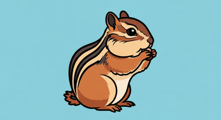 Cute cartoon chipmunk on blue background with paws togetherの素材