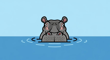 Cartoon hippo in water with light blue backgroundの素材