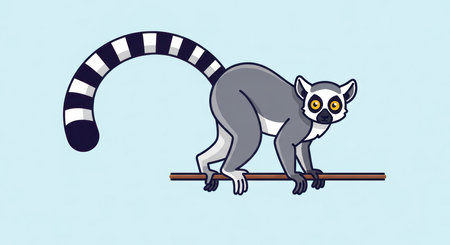 Cartoon ring-tailed lemur on branch with blue backgroundの素材