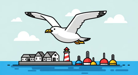Seagull flying over oceanfront lighthouse and colorful buoysの素材