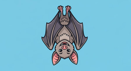 Cartoon bat hanging upside down on blue background with spread wings and cute expressionの素材