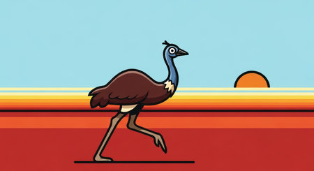 Vibrant art of ostrich running in stylized sunset landscapeの素材