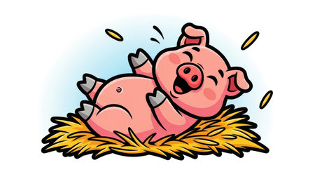 Cute cartoon pig laughing on straw with coins fallingの素材