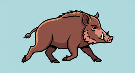 Cartoon wild boar: stylized side view illustration on blue backgroundの素材