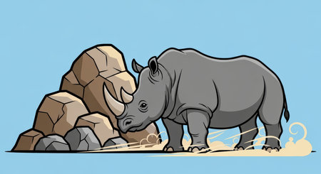 Cartoon rhinoceros next to rocks on clear blue backgroundの素材