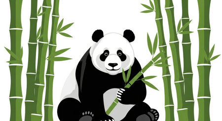 Giant panda surrounded by bamboo stalksの素材
