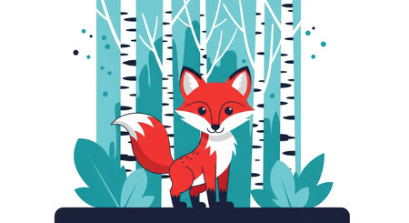Cartoon fox in a birch forest with green leavesの素材