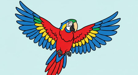 Vibrant colorful parrot with outstretched wings on light blue backgroundの素材