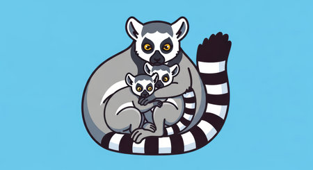 Cartoon ring-tailed lemurs family embraced on light blue backgroundの素材