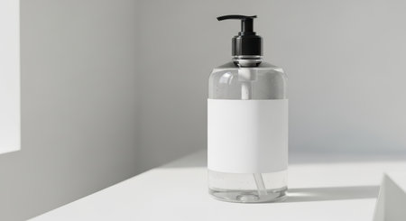 Clear liquid pump bottle with blank label on white surfaceの素材