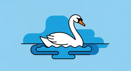 Minimalist swan illustration on blue background with clouds and waterの素材
