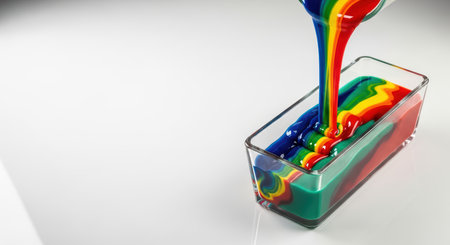 Vibrant rainbow-colored paint pouring into glass container on white backgroundの素材