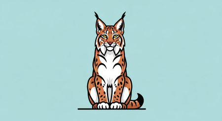Illustrated lynx sitting on light blue background with geometric patternsの素材