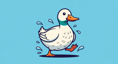 Cute cartoon duck walking with joyful expression on blue backgroundの素材