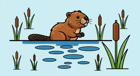 Cartoon beaver in pond with cattails on blue backgroundの素材
