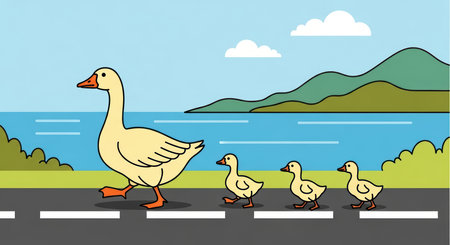 Cartoon geese family crossing road by lake with mountains in the backgroundの素材