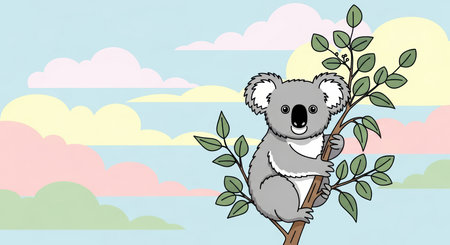 Cute cartoon koala climbing a tree with colorful sky backgroundの素材