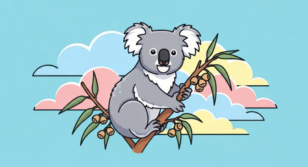 Cartoon koala on branch with colorful cloud backgroundの素材