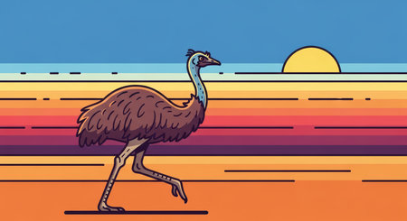 Stylized ostrich in vibrant sunset landscapeの素材