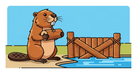 Cartoon beaver building wooden dam near lake with logの素材