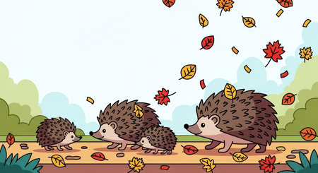 Cartoon hedgehog family strolling on autumn path with falling leavesの素材