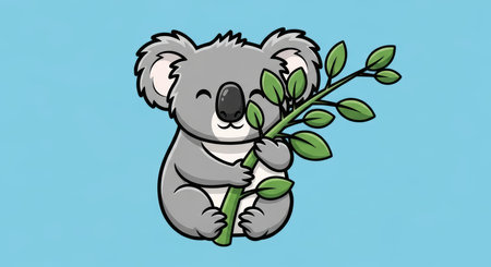 Adorable cartoon koala hugging a leafy branch on blue backgroundの素材