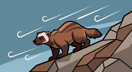 Wolverine standing on rocky slope with windy backgroundの素材