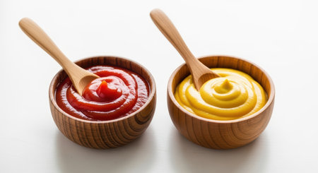 Wooden bowls with ketchup and mustard swirl with wooden spoons on white backgroundの素材