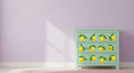 Decorative green dresser with lemon design against pastel purple wallの素材