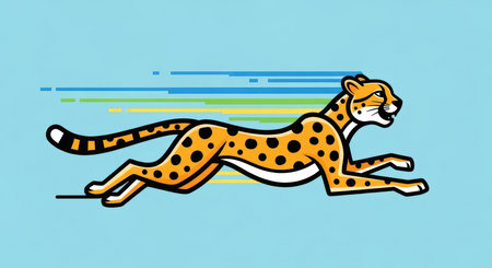 Cartoon cheetah sprinting with colorful speed lines on blue backgroundの素材