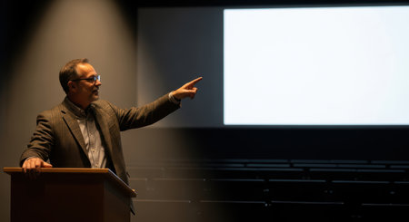 Caucasian male adult lecturer presenting with projector in dark auditoriumの素材