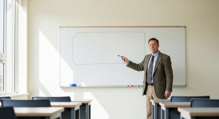 Caucasian male educator in classroom explaining diagram on whiteboardの素材