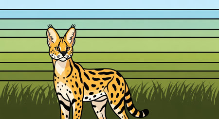 Colorful serval cat in nature against striped background illustrationの素材