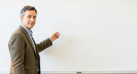 Caucasian male adult presenter in tweed jacket gesturing at whiteboardの素材