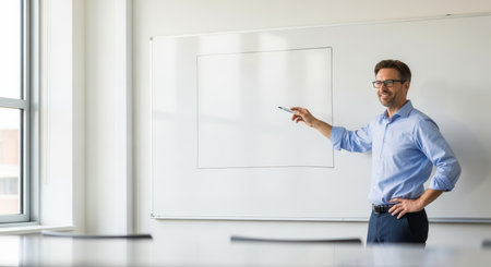 Caucasian male adult teaching with a whiteboard in classroom settingの素材