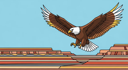 Bald eagle soaring over vibrant canyon landscape illustrationの素材