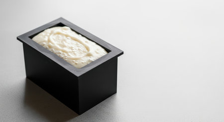 Rectangular black soap mold with freshly poured white soap mixtureの素材