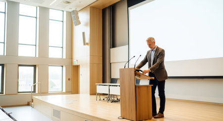 Caucasian male adult speaker giving presentation in modern conference roomの素材