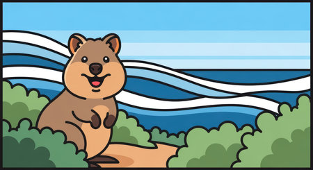 Cartoon quokka smiling by ocean waves and greenery under blue skyの素材