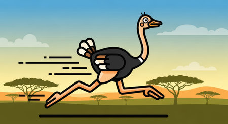 Cartoon ostrich running in african savanna sunriseの素材