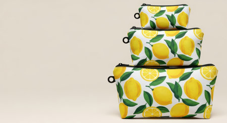 Stack of lemon printed travel bags with zipper on neutral backgroundの素材