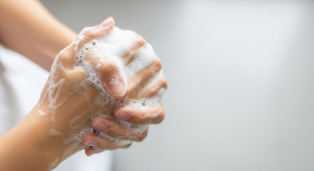 Caucasian female adult washing hands with soap and waterの素材