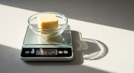 Butter cube in glass bowl on digital kitchen scale with sunlight shadowの素材