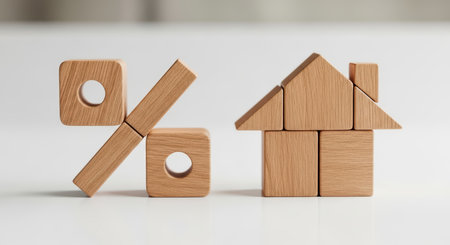 Wooden blocks forming house and percentage symbol representing real estate and mortgage conceptの素材