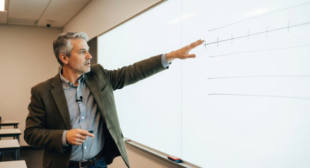 Caucasian male teacher explaining graph on classroom whiteboardの素材