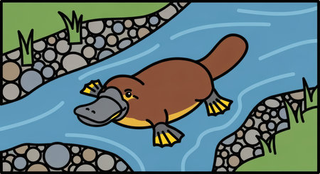 Cartoon platypus swimming in stream among pebblesの素材